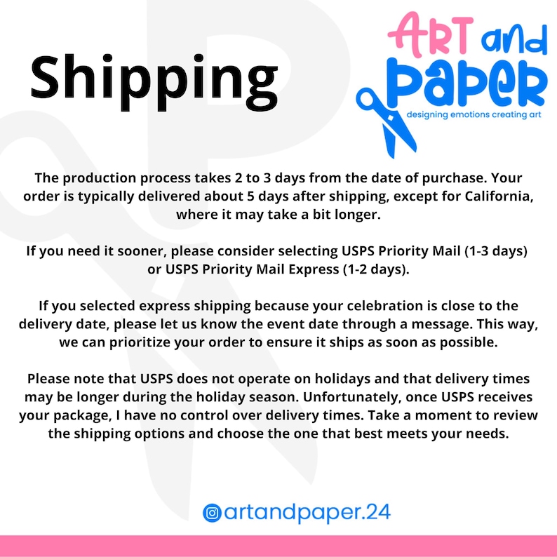 Op de afbeelding: De afbeelding toont het woord "Verzending" in grote, vette, zwarte letters. De afbeelding bevat ook de tekst "ART and Paper" in een kleurrijk, gestileerd lettertype, samen met aanvullende informatie over productie- en levertijden.