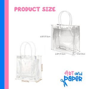 May include: Clear plastic tote bags with white handles. The bags are rectangular, with dimensions of 5.9 inches (15cm) wide, 6.3 inches (16cm) tall, and 2.8 inches (7cm) deep. The text "PRODUCT SIZE" and "ART and Paper" are visible.
