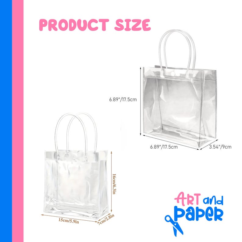 May include: Clear plastic tote bags with white handles. The bags are rectangular, with dimensions of 5.9 inches (15cm) wide, 6.3 inches (16cm) tall, and 2.8 inches (7cm) deep. The text "PRODUCT SIZE" and "ART and Paper" are visible.