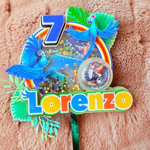 Op de afbeelding: Een kleurrijke taarttopper met het nummer 7, twee blauwe ara's en de naam "Lorenzo" in oranje en geel. Het ontwerp bevat een regenboog, tropische bladeren en een kleine, transparante koepel met een toekan-illustratie. De topper staat op een groene stok.