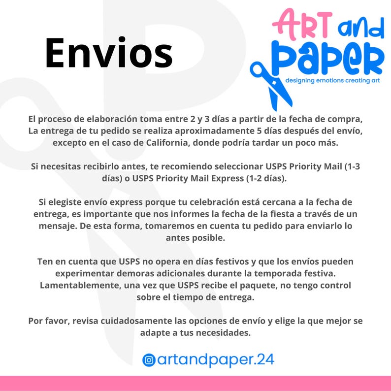 Op de afbeelding: Afbeelding met het woord "Envios" in grote zwarte letters. De afbeelding bevat ook het logo voor "ART and PAPER" met een schaar en de tekst "designing emotions creating art". Extra tekst geeft verzendinformatie.