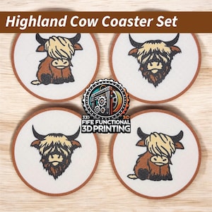 Highland Cow Coaster Set – 4 Scottish Coasters with Cork Backing