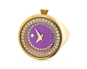 Luxury Ring Watch: Gold, Austrian Crystals, Purple Dial