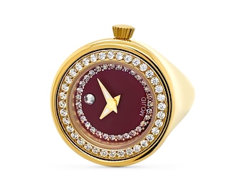 Luxury Ring Watch by Mojid Real Working Finger Clock Wristwatch Made Using Premium Materials (Gold-Burgundy Dial)