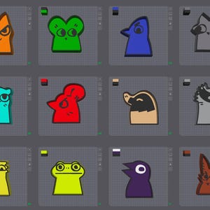 May include: A grid of twelve colorful cartoon animal faces. Each face has a unique design and color, including orange cat, green frog, blue bird, and gray raccoon. The illustrations have black outlines and are set against a gray background.