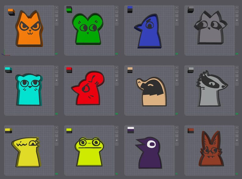 May include: A grid of twelve colorful cartoon animal faces. Each face has a unique design and color, including orange cat, green frog, blue bird, and gray raccoon. The illustrations have black outlines and are set against a gray background.