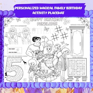 Personalisierte magischer Charakter Tischset | Zauberhafter Familien-Geburtstag-Tätigkeitsbogen | Printable Kids Party Tischset | Ausmalen, Spiele & Mehr |