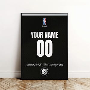 Brooklyn Nets Custom Jersey Poster, Personalized NBA Wall Print, Black & White Basketball Digital Art, Custom Jersey Name and Number