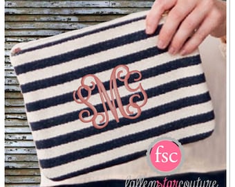 Monogrammed Zipper Pouch, personalized Accessory Pouch , Striped Zipper Bag , vacation bag, Bridesmaid gift, Travel bag personalized