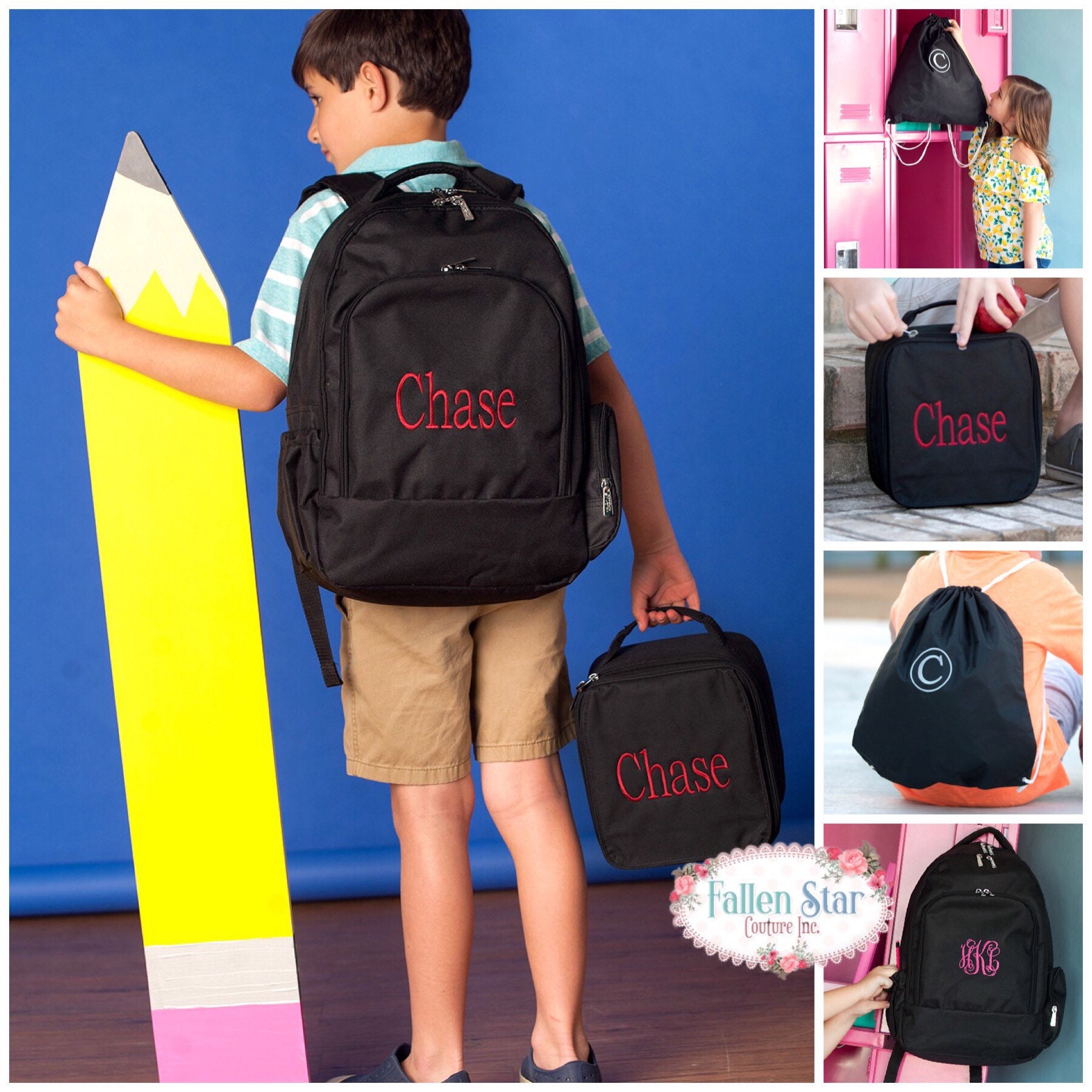 monogrammed backpack and lunchbox