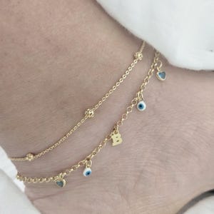 Tobillera con diseño de ojo malvado rellena de oro de 18 quilates para mujer, tobillera, tobillera de doble cadena, tobillera con letras, regalo para novia, juego de tobilleras, regalo para ella