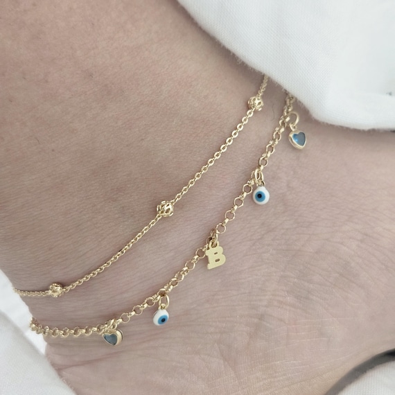 18K Gold Filled Evil Eye Anklet: Personalized Initial Charm, Layered Ankle Bracelet