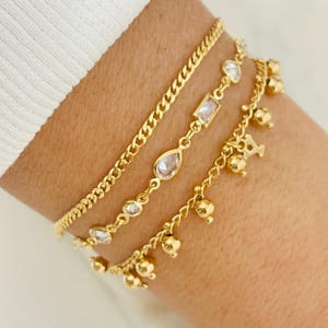 Juego de 3 pulseras rellenas de oro de 18 quilates, joyería delicada para uso diario, pulsera minimalista, pulsera de talla baguette, pulsera con inicial, pulsera de cuentas