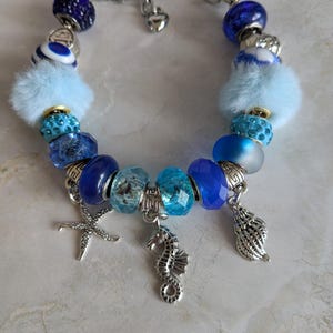 Ocean-Inspired Blue European Bead Bracelet with Sea Charms | Handmade Statement Jewelry