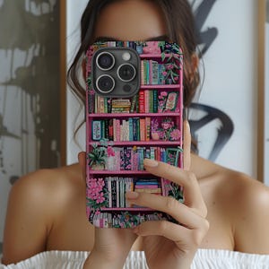 Pink Floral Bookshelf Phone Case, Vintage Bookish Flower Aesthetic, iPhone 16 15 14 13, Galaxy and Pixel Case, Cute Book Lover Gift