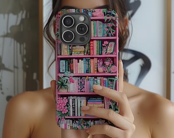 Étui pour portable bibliothèque floral rose, esthétique fleur livresques vintage, iPhone 16 15 14 13, coque Galaxy et Pixel, cadeau mignon pour les amoureux des livres