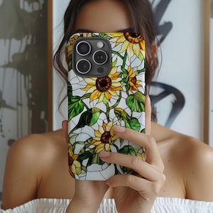 Sunflowers Phone Case Faux Stained Glass Floral Case Flower Lovers Gift Gardeners for iPhone 16 15 14 13 Galaxy S 24 23 22 Pixel 8 7 6