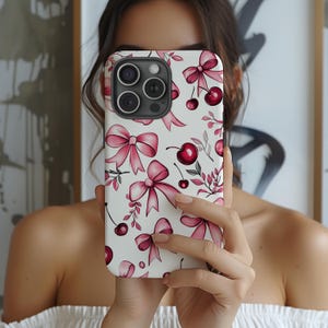 Bows Coquette iPhone Case, Cherry Coquette Aesthetic,Girly Bows and Ribbons, Chic Retro Cherries, iPhone 15 Pro Case, Gift for her
