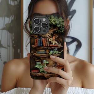 Book Dragon Phone Case, Fantasy Bookshelf Design, Magical Library Case for iPhone16 15 14 13, Galaxy, Pixel 9, Cute Mythical Gift