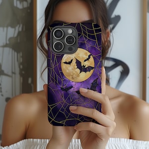 Halloween Phone Case Celestial Bats Faux Stained Glass Cover Spooky Moon and Stars Case for Galaxy S 24 23 22 21 20 iPhone 15 14 13 12 Pixel