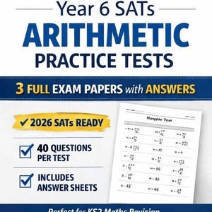 Op de afbeelding: Een promotieafbeelding voor rekenoefeningen voor de Year 6 SATs. De afbeelding bevat de tekst "2026 SATs Ready", "40 vragen per test" en "Inclusief antwoordvellen". Een voorbeeldtest met rekenkundige vragen wordt ook getoond.