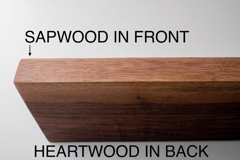 May include: Close-up of a wooden board with two distinct sections. The top section, labeled "SAPWOOD IN FRONT," is a lighter brown, while the lower section, labeled "HEARTWOOD IN BACK," is a darker brown. The board's edge is angled.