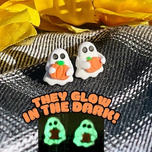 Little Glow-in-the-Dark Ghost Holding a Pumpkin Stud Earrings - Glittery Polymer Clay Hypoallergenic Halloween Jewelry