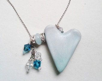 Ice Blue Heart Cold Heart Artisan Necklace OOAK Polymer Clay Heart Necklace on Sterling Silver Fine Chain with Swarovski Crystal Accents