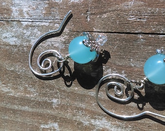 Lovely light and bright Blue Chalcedony Stone drop Earrings with Hand Forged SS Ear wires