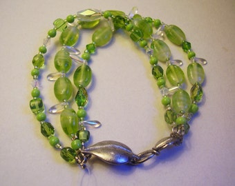 Three Strand Bracelet Multistrand Bracelet Lime Green Bracelet Pixie Glass Leaf Bracelet Crystal Bracelet with Pewter Leaf Toggle