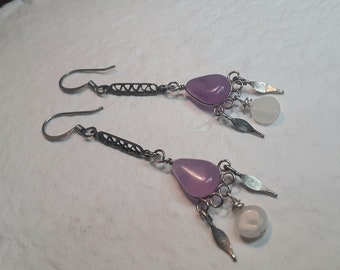 Purple stone wire wrapped drop earrings
