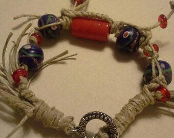 Hand Knotted Hippie Bracelet Hemp Bracelet Bohemian Heart Charm Trade Bead Bracelet Love Hart Charm Jewelry