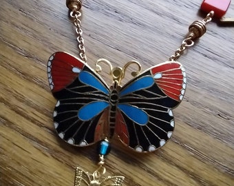 Red and blue enamel butterfly pin necklace 19 inches long colorful necklace one of a kind