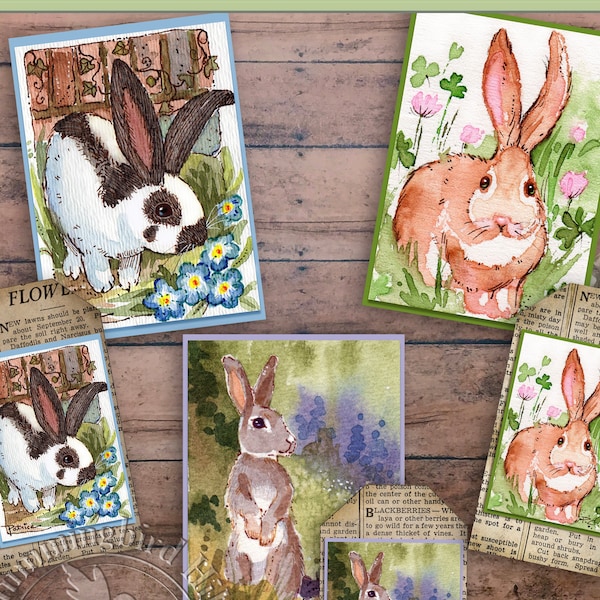 Printable ACEO Art Prints & Tags in 2 sizes - Spring Bunnies - Easter - Frame worthy