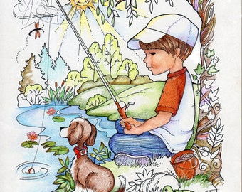 Instant Download - Coloring Book Pages Boy Fishing Puppy Dog Boy Decor