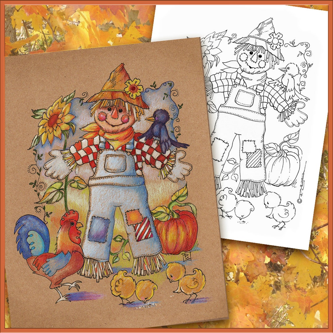 Instant Download Printable Scarecrow Coloring Page - 3 Options - Black ...