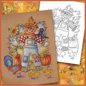 Téléchargement instantané de la page de coloriage imprimable de l’épouvantail - 3 options - Noir - Sépia - et mise en page de la carte de vœux