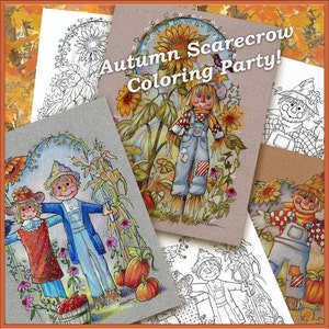 Sofortiger digitaler Download Herbst Herbst Malbuch Seiten Halloween Party Vogelscheuchen Grußkarten 3 Designs Druck auf farbigem oder weißem Papier