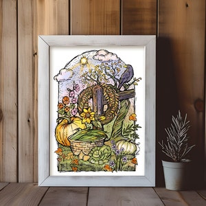 May include: A framed illustration of a fall harvest scene with a wooden fence post, pumpkins, corn, sunflowers, and a crow. The illustration is done in a vintage style with a warm color palette.