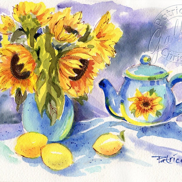 Sunflowers Lemons Watercolor Tea Pot Painting by EBSQ Plus Artist - Wall Decor Art