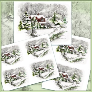 Instant Digital Download Winterhütte Schnee Fine Art Prints - Grußkarte - von Original Aquarell - Patricia Lee Christensen