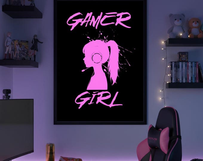 Gamer Girl Poster | Pink Neon Silhouette Gaming Wall Art 18x24 Inch Vertical Print