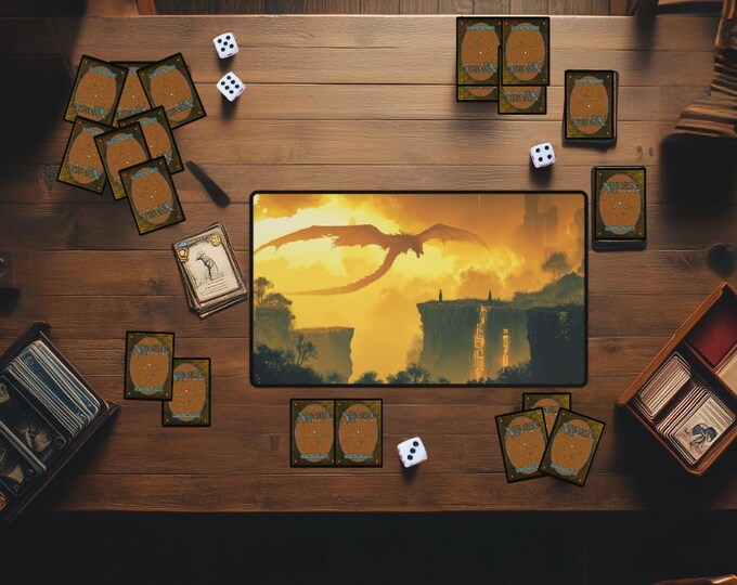 Golden Aegis Dragon MTG Playmat | Eclipsed Flame Magic the Gathering Desk Mat | TCG Trading Card Game Mat