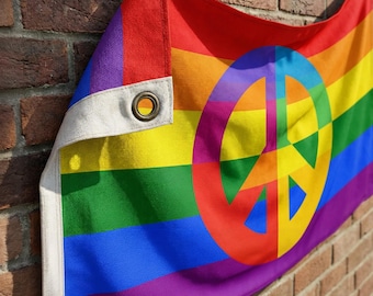 Double Sided Rainbow Peace Flag | LGBTQ Pride Banner, Polyester, Metal Grommets