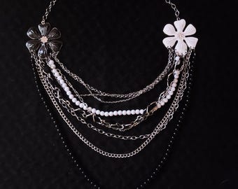 Shadow Fae Blossom Statement Necklace | Multi Layer Silver Chain Bib, Monochrome Flower Asymmetric Collar, Winter Court Gothic Jewelry