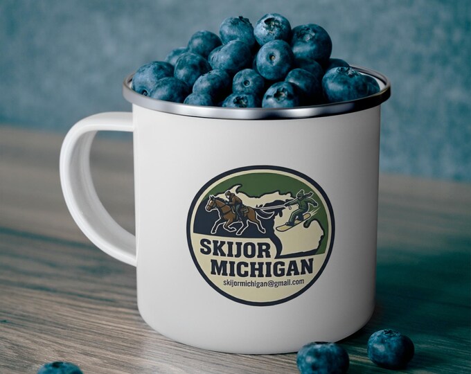 Snowboarding Saddle Up & Send It! Skijor Michigan Stainless Steel Enamel Coated Camping Mug