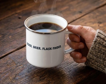 Rider. Skier. Flask Finder. Skijor Michigan Stainless Steel Enamel Coated Camping Mug