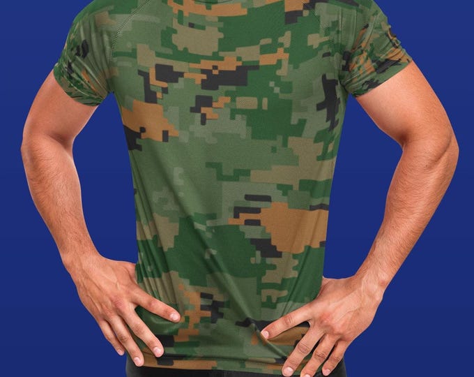 Green Brown Digital Woodland Camo T-Shirt - Gamer Tee Short Sleeve
