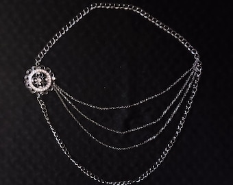 Lunar Eclipse Swag Necklace | Multi Layer Silver Chain Cascading Bib, Asymmetric Filigree Star Crest Pendant, High Elven Fantasy Jewelry