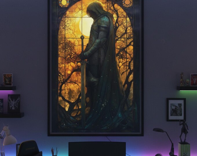 Hooded Guardian Stained Glass Poster | Dark Fantasy Gaming Room Wall Art
